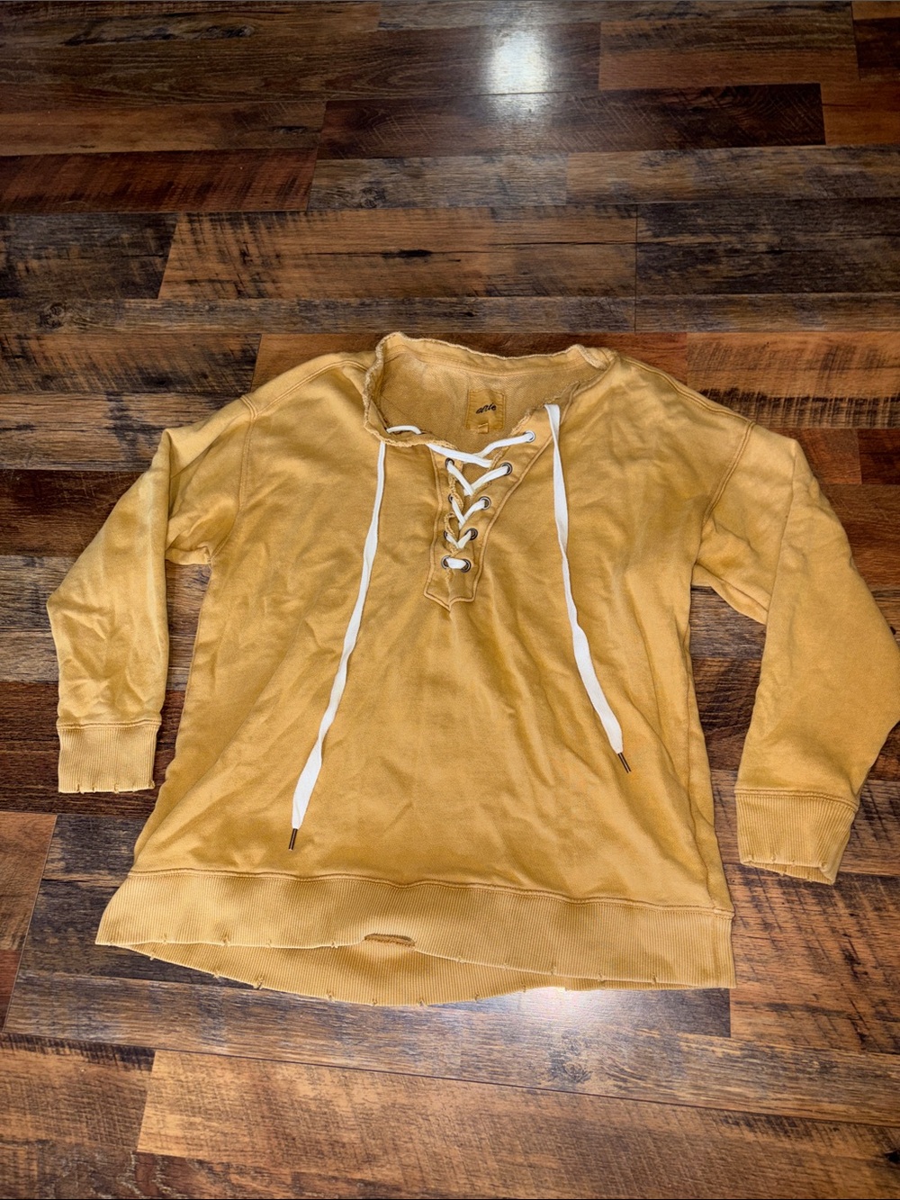 Aerie Sweatshirt Women Small Pullover‎ Front Lace Distressed Yellow